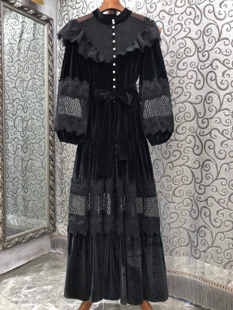 velvet lace-paneled gown with pearl button front – Fistmnb