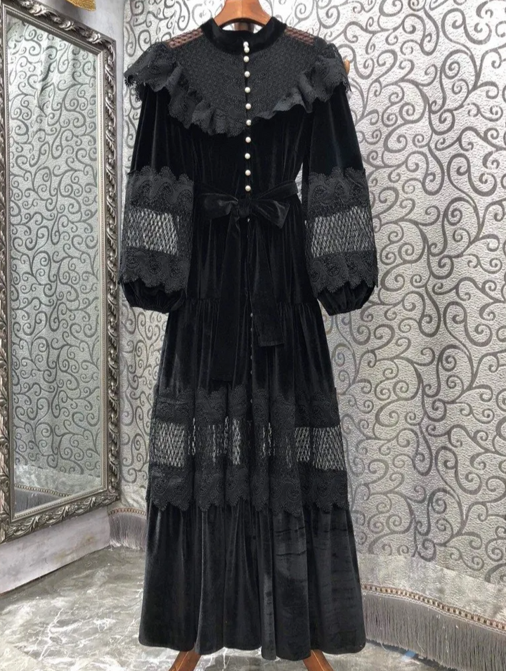 velvet lace-paneled gown with pearl button front – Fistmnb