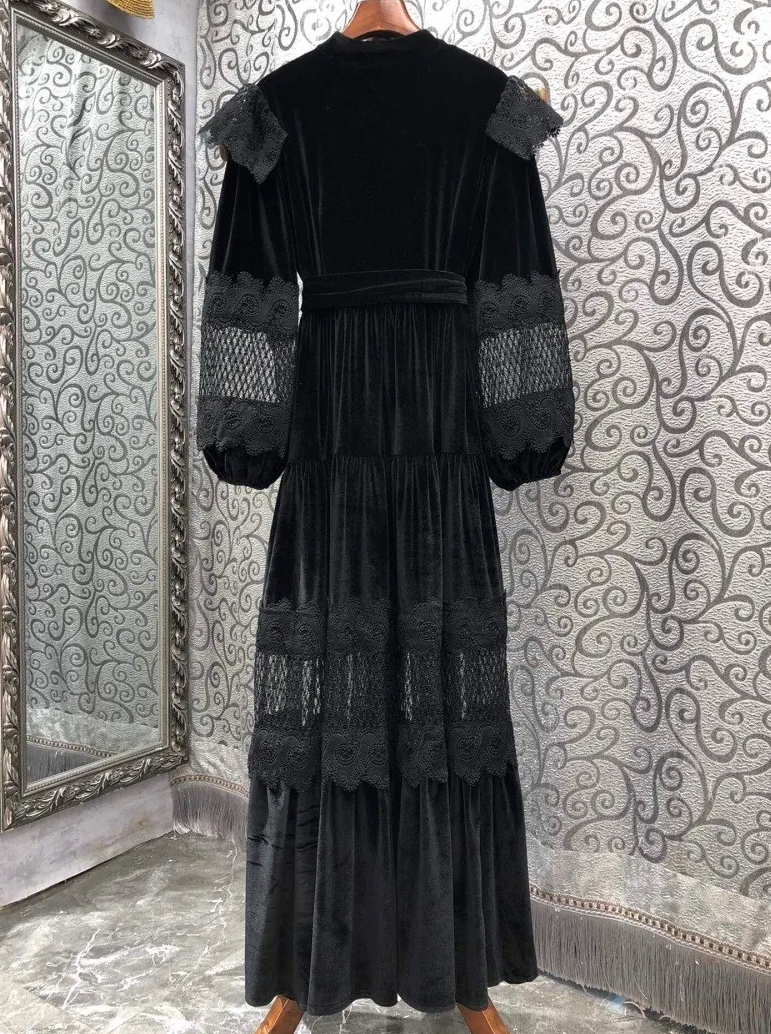 velvet lace-paneled gown with pearl button front – Fistmnb