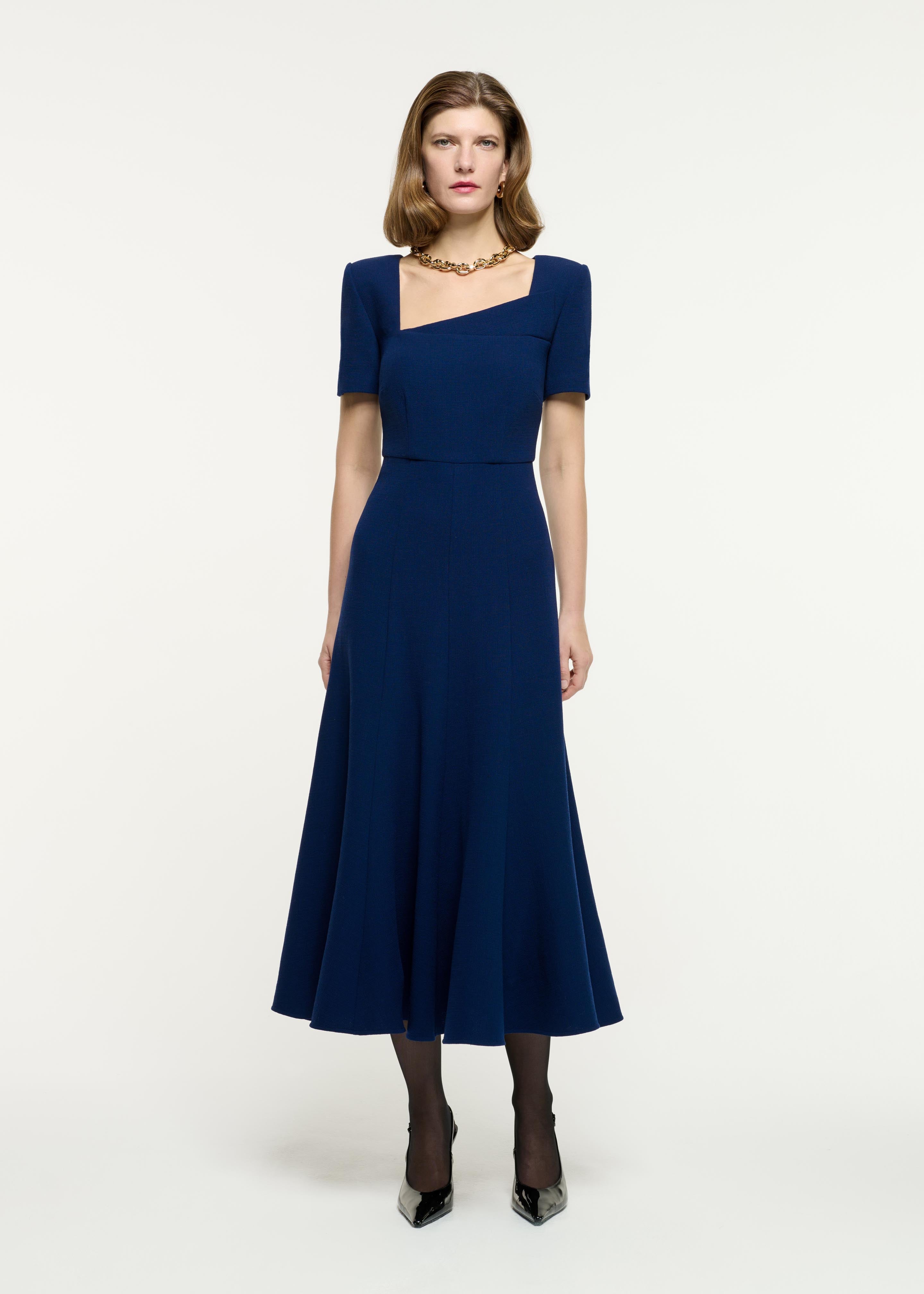 asymmetric neckline fit-and-flare midi dress – ISOLDE