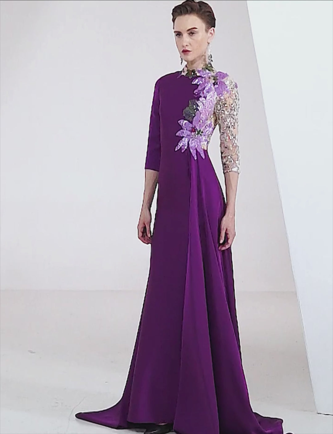 embroidered evening gown with sequin illusion sleeve –  Thumri