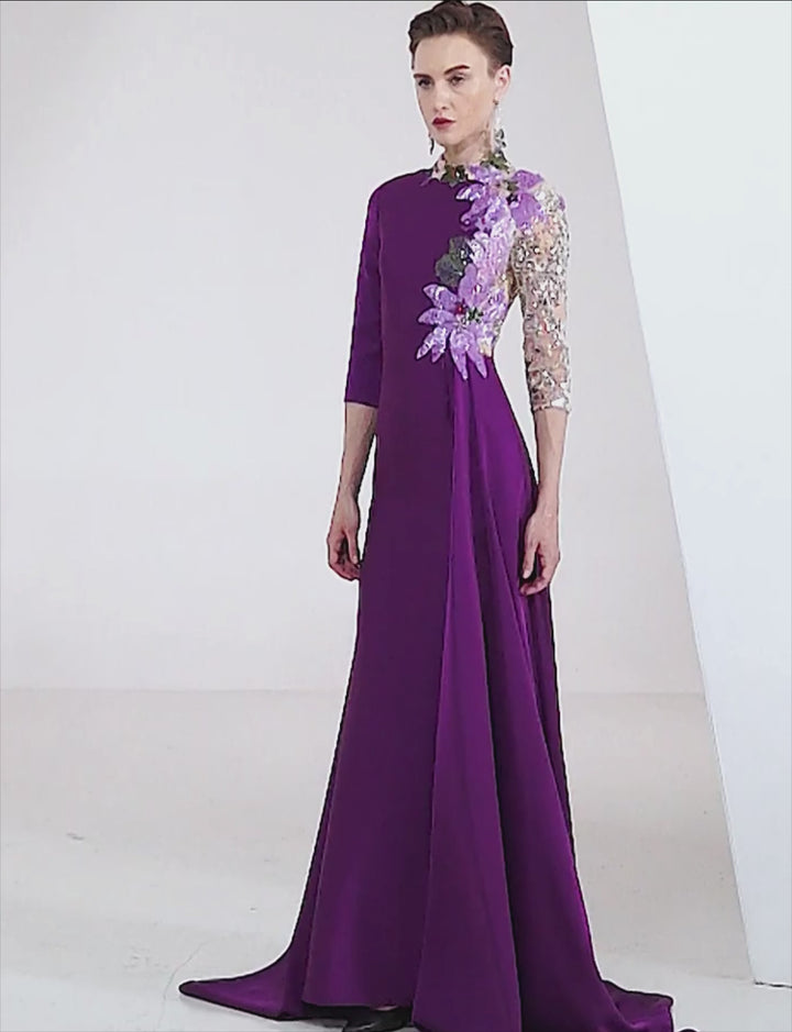 embroidered evening gown with sequin illusion sleeve –  Thumri