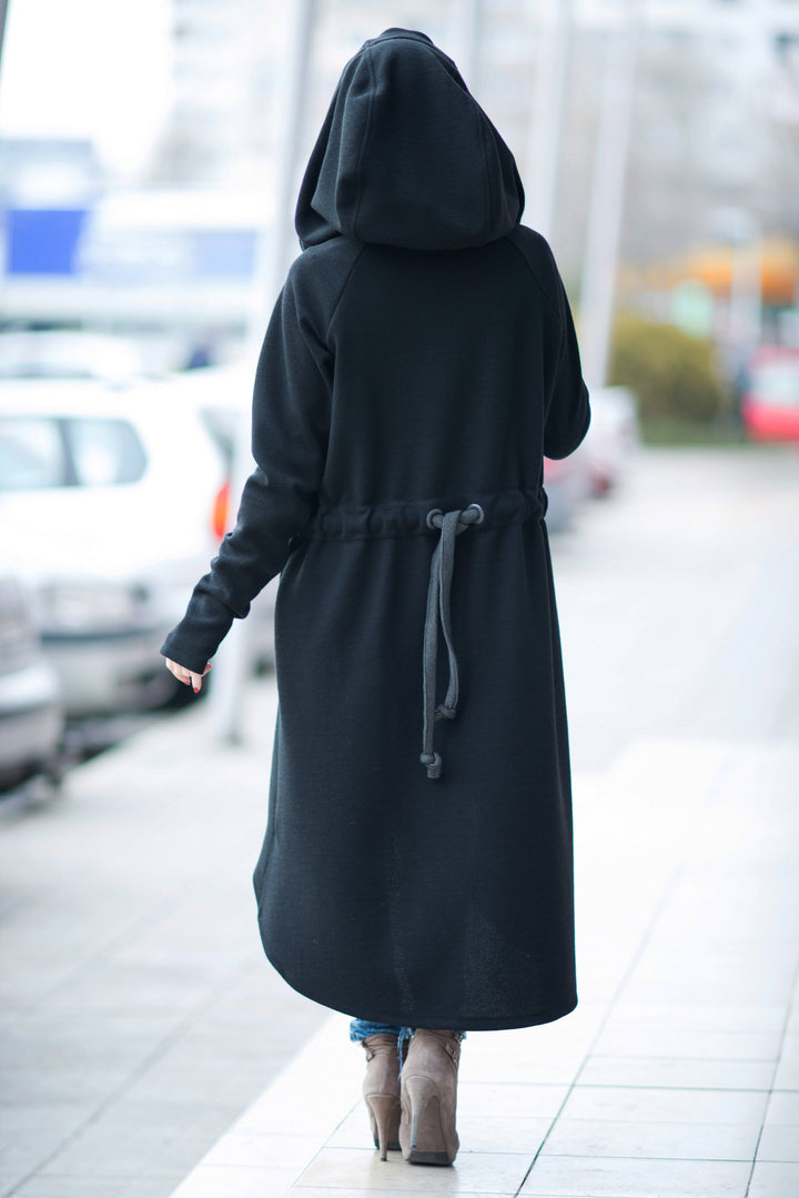 Black Long Zipper Hooded Trench Coat