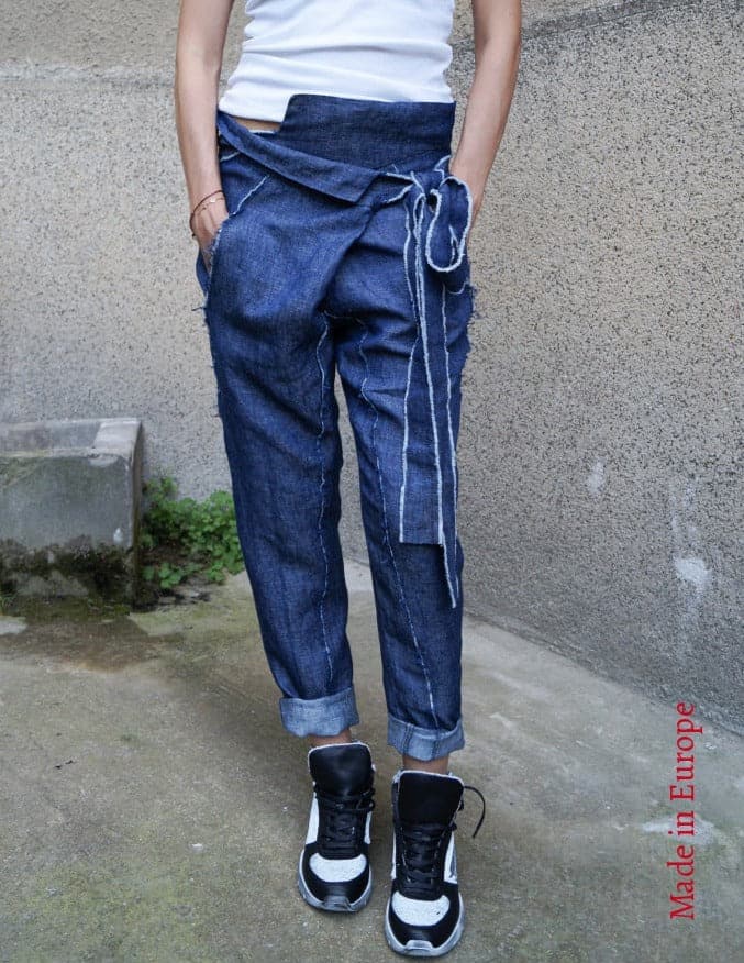 Blue Tapered Linen Pants F1589 00