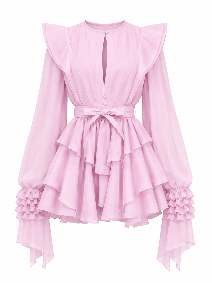 ruffled chiffon mini dress with waist tie – SOLENA