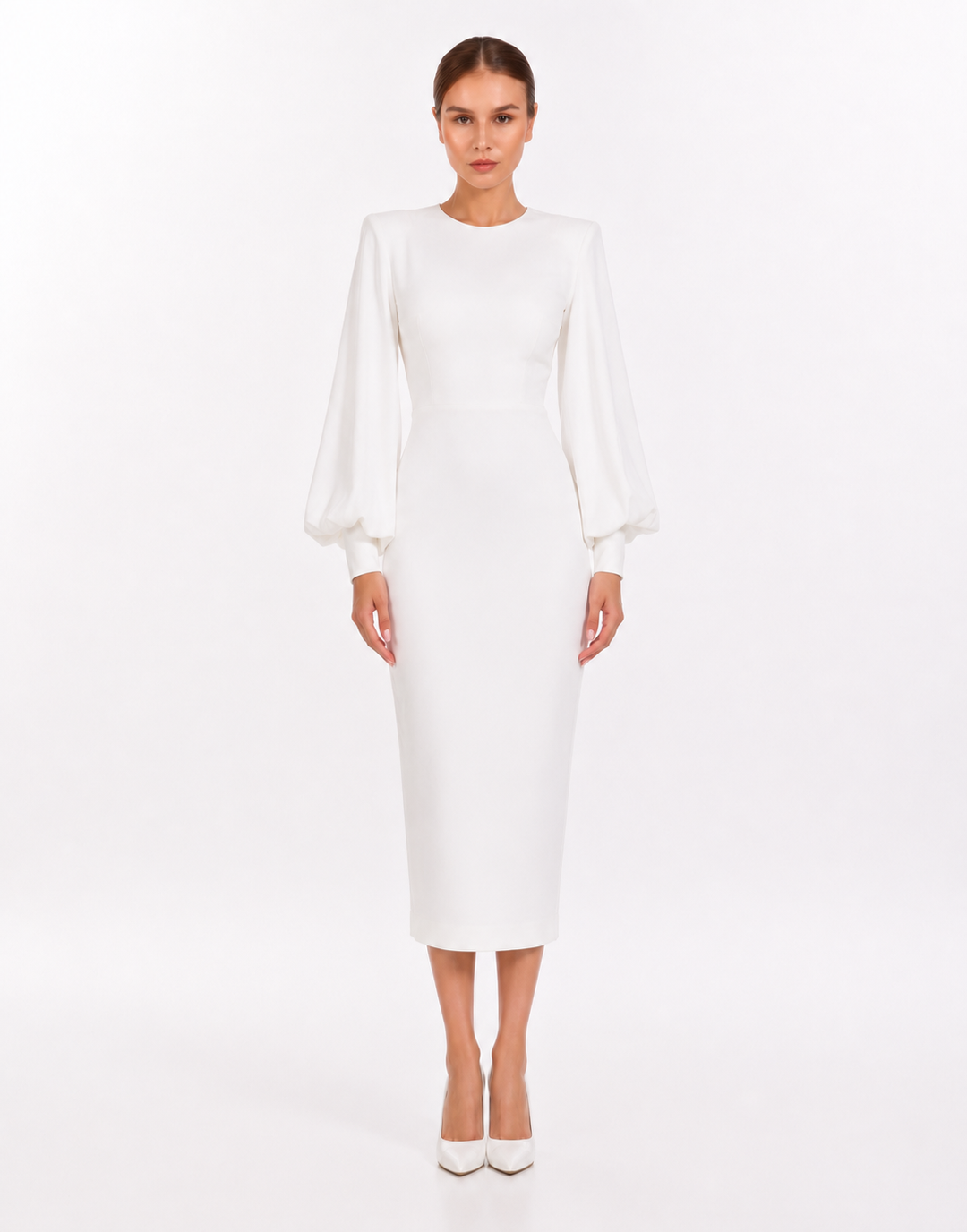 Balloon-Sleeve Midi Dress – Pearl