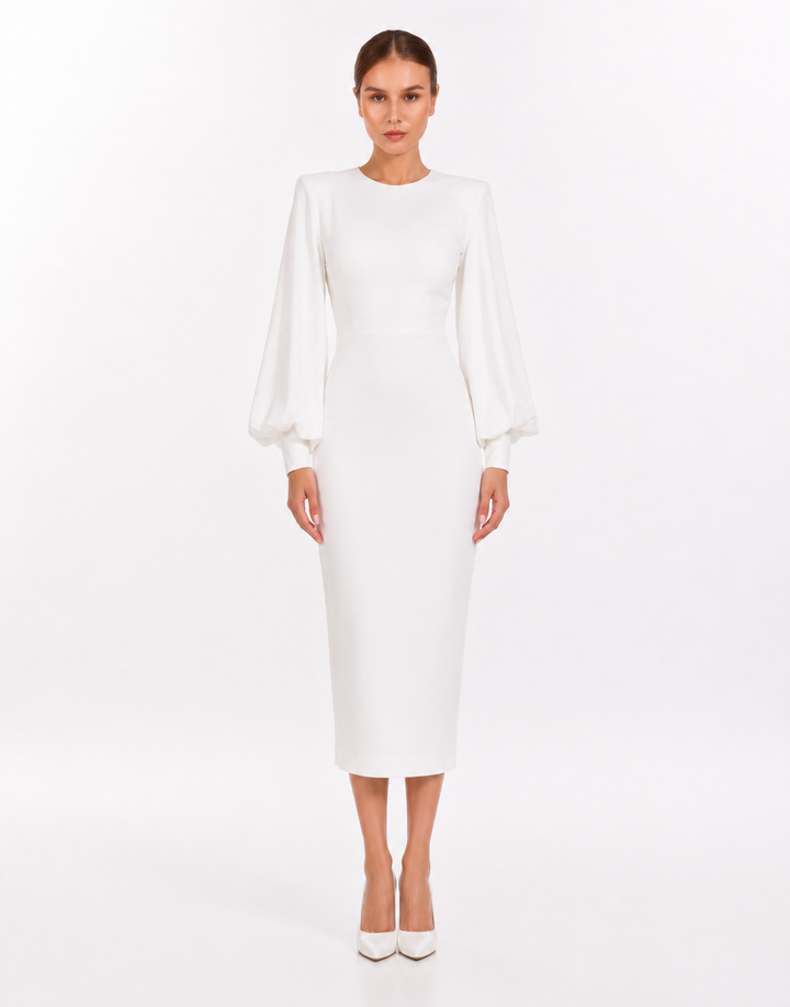 Balloon-Sleeve Midi Dress – Pearl
