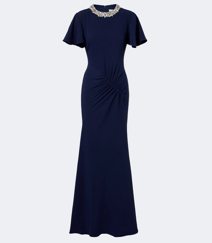 Crystal-Neck Ruched Gown - Midnight