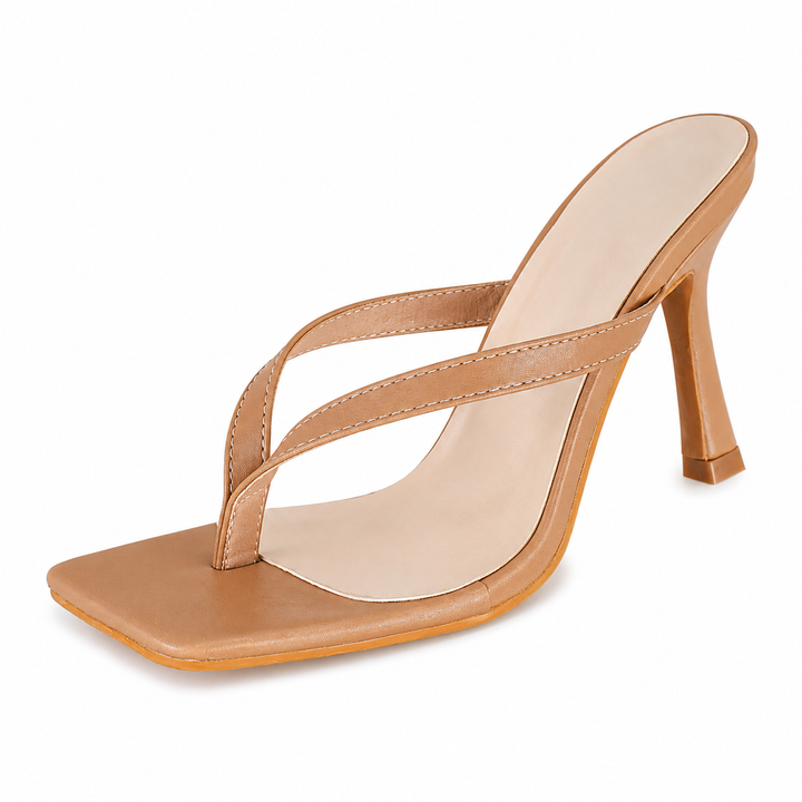 Square-Toe Thong Heeled Mules – Mocha