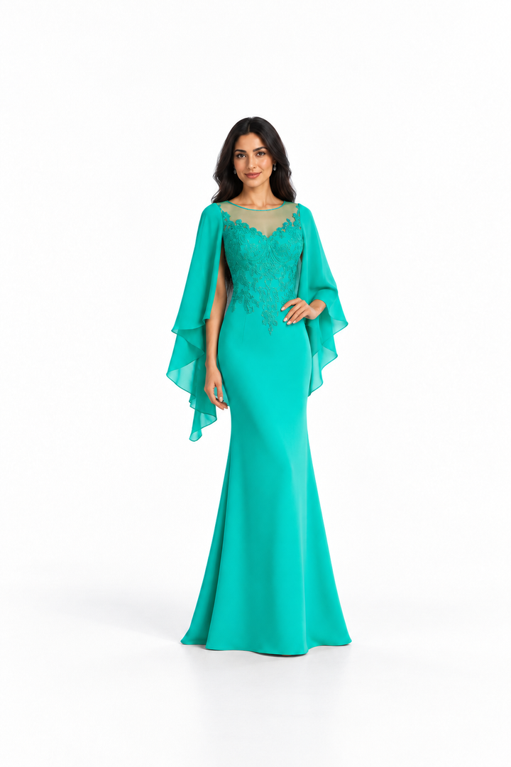 Embroidered Cape Sleeve Evening Gown - Elegance