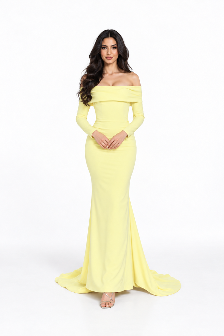 Pastel Yellow Off-Shoulder Long Sleeve Maxi Dress - Liana