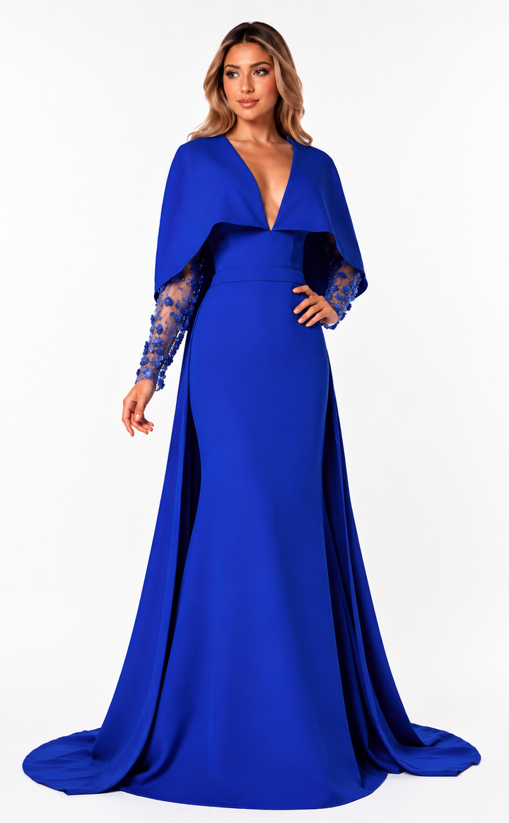 Embellished Cape Mermaid Gown – Cobalt