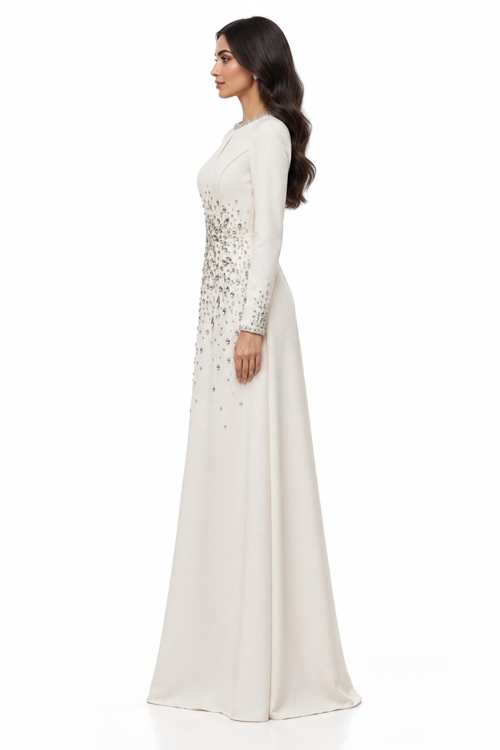 Ivory Crystal Embellished Evening Maxi Dress - Celina