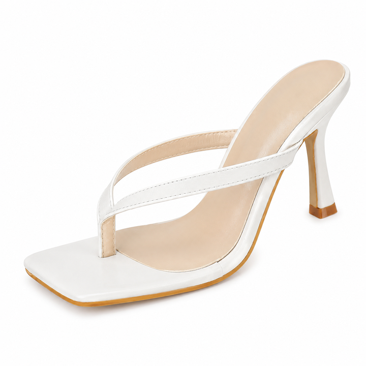 Square-Toe Thong Heeled Mules – Mocha