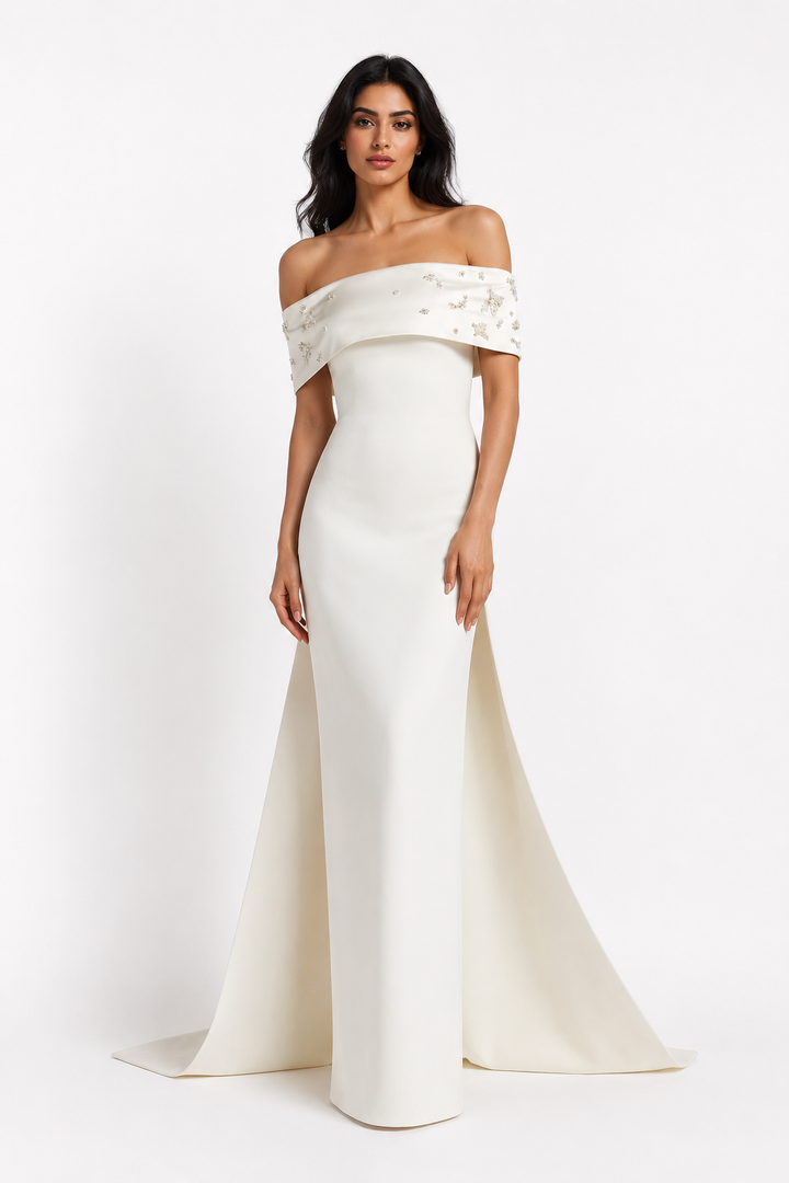 Ivory Off-Shoulder Cape Mermaid Gown – Aurora