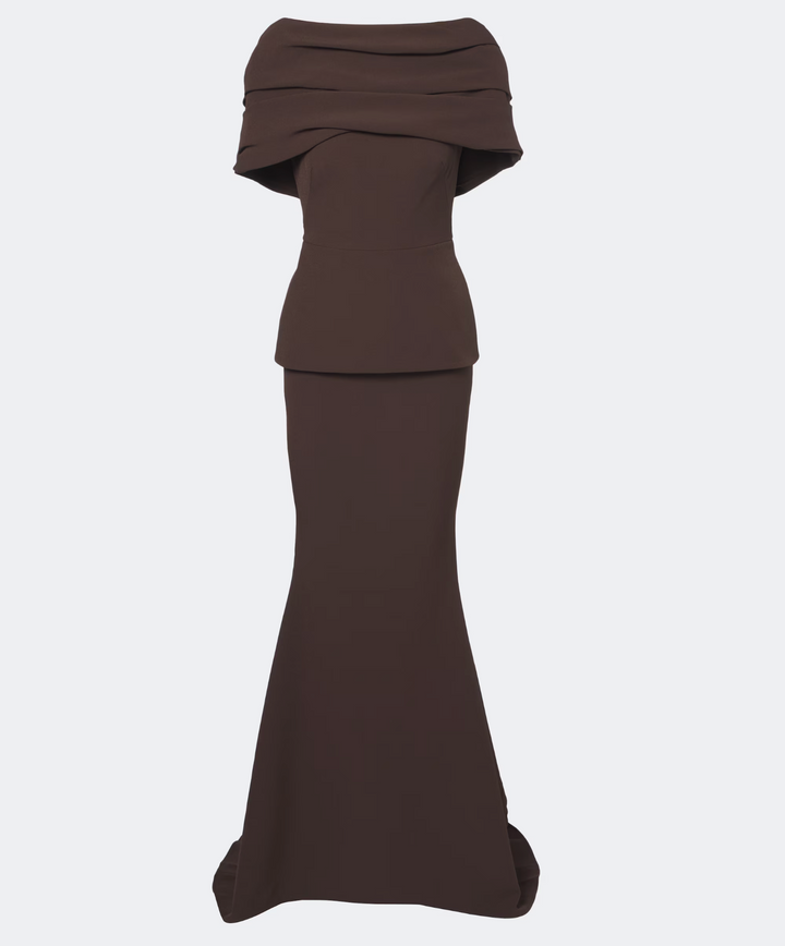 Draped Off-Shoulder Peplum Gown - Mocha
