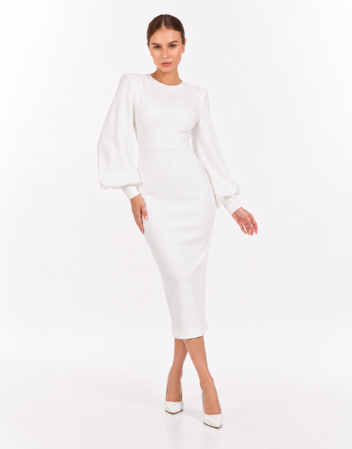 Balloon-Sleeve Midi Dress – Pearl