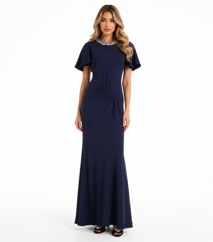 Crystal-Neck Ruched Gown - Midnight