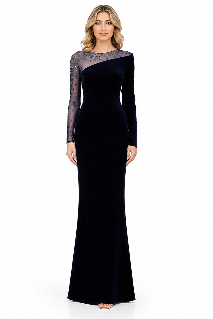 one shoulder velvet maxi dress with embellished sheer sleeve – MIDNIGHTA