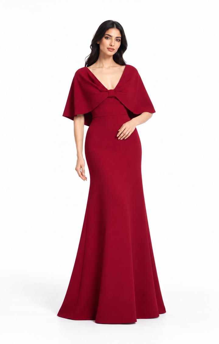 Bow Cape V-Neck Evening Gown - Rubellia