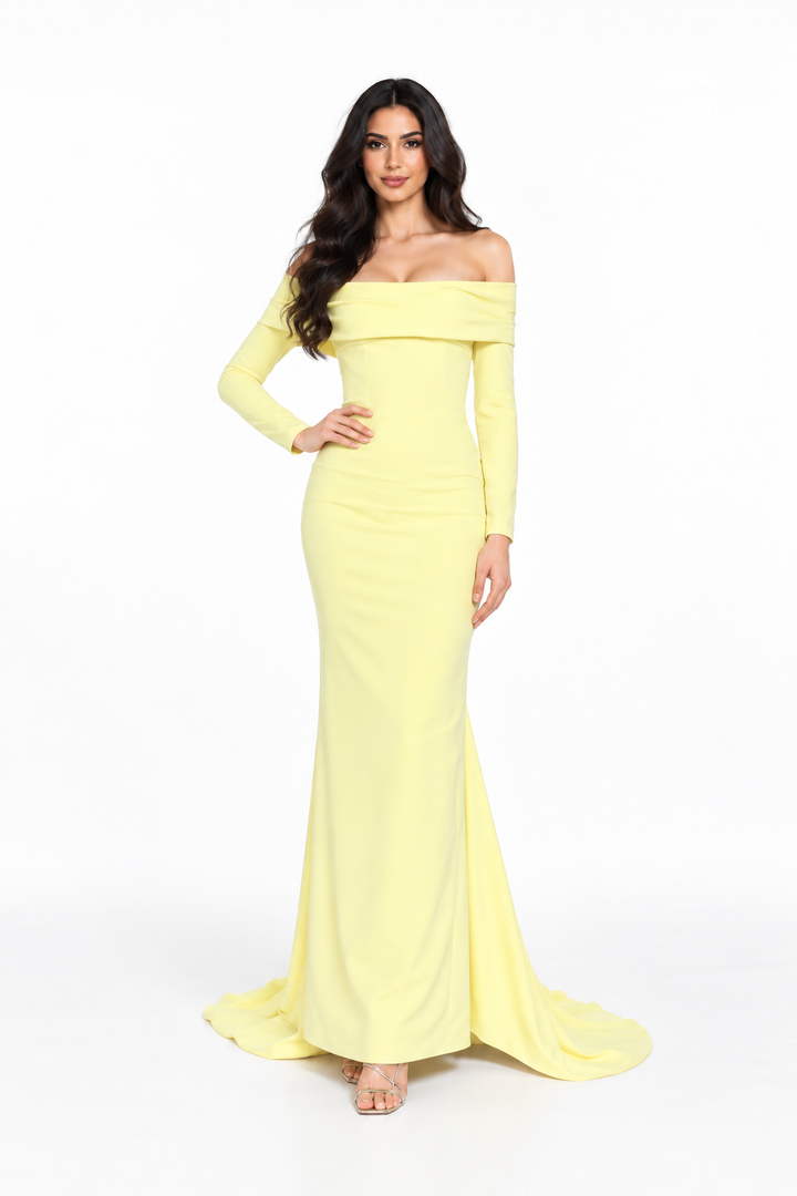 Pastel Yellow Off-Shoulder Long Sleeve Maxi Dress - Liana