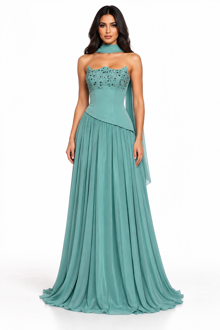 Mint Green Crystal Embellished Strapless Maxi Dress - Aria