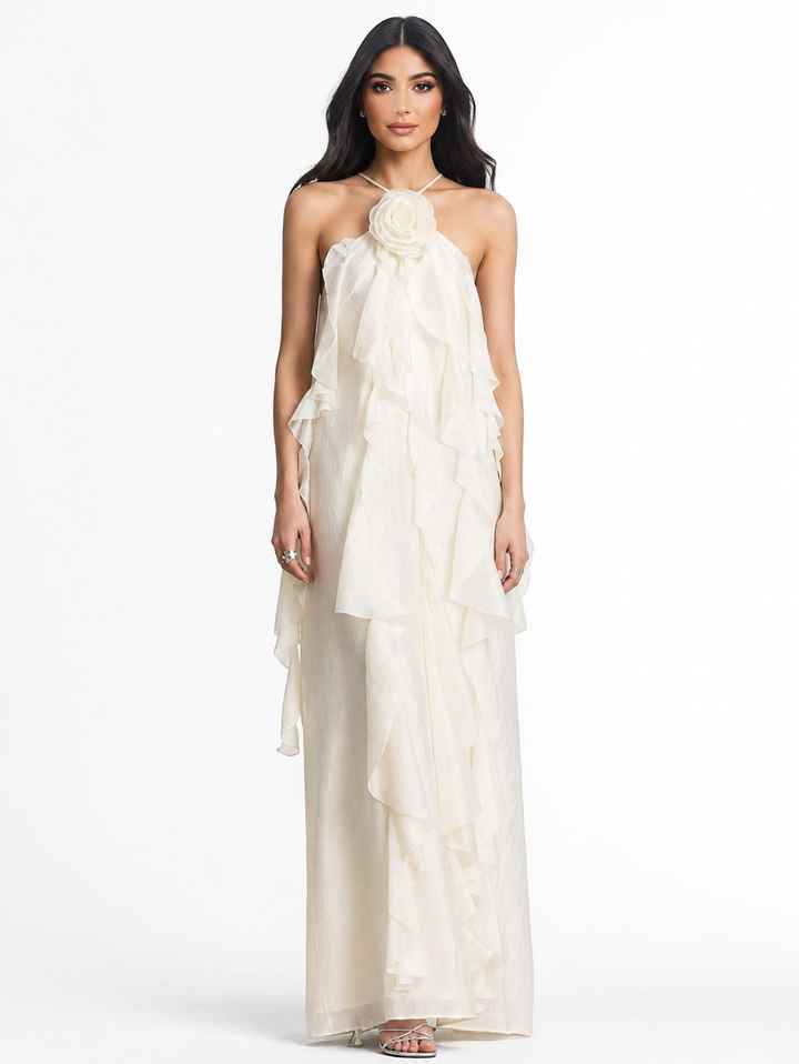 Ivory Floral Ruffle Halter Maxi Dress – Camellia