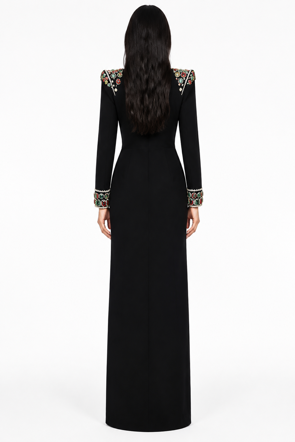 long-sleeve column gown with embellished shoulders – ARISTELLA