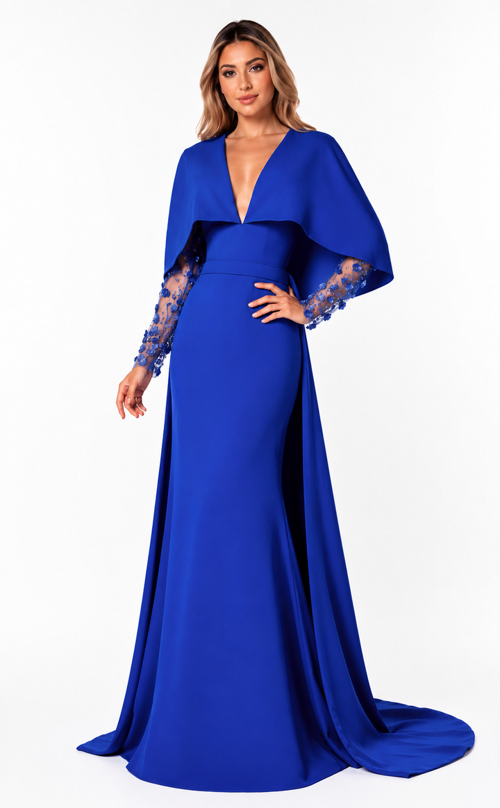 Embellished Cape Mermaid Gown – Cobalt