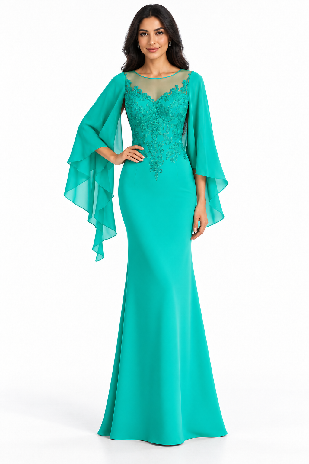 Embroidered Cape Sleeve Evening Gown - Elegance