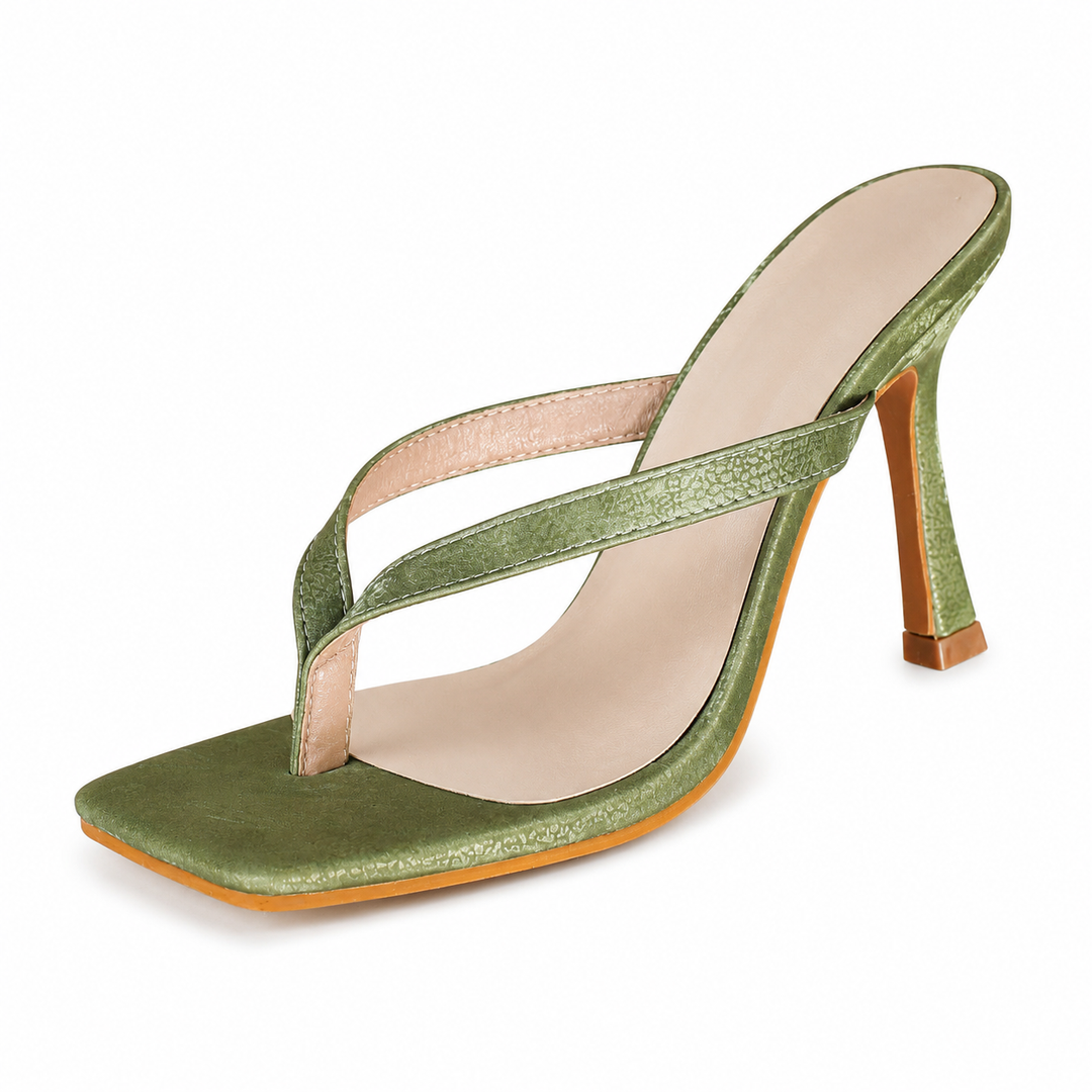 Square-Toe Thong Heeled Mules – Mocha