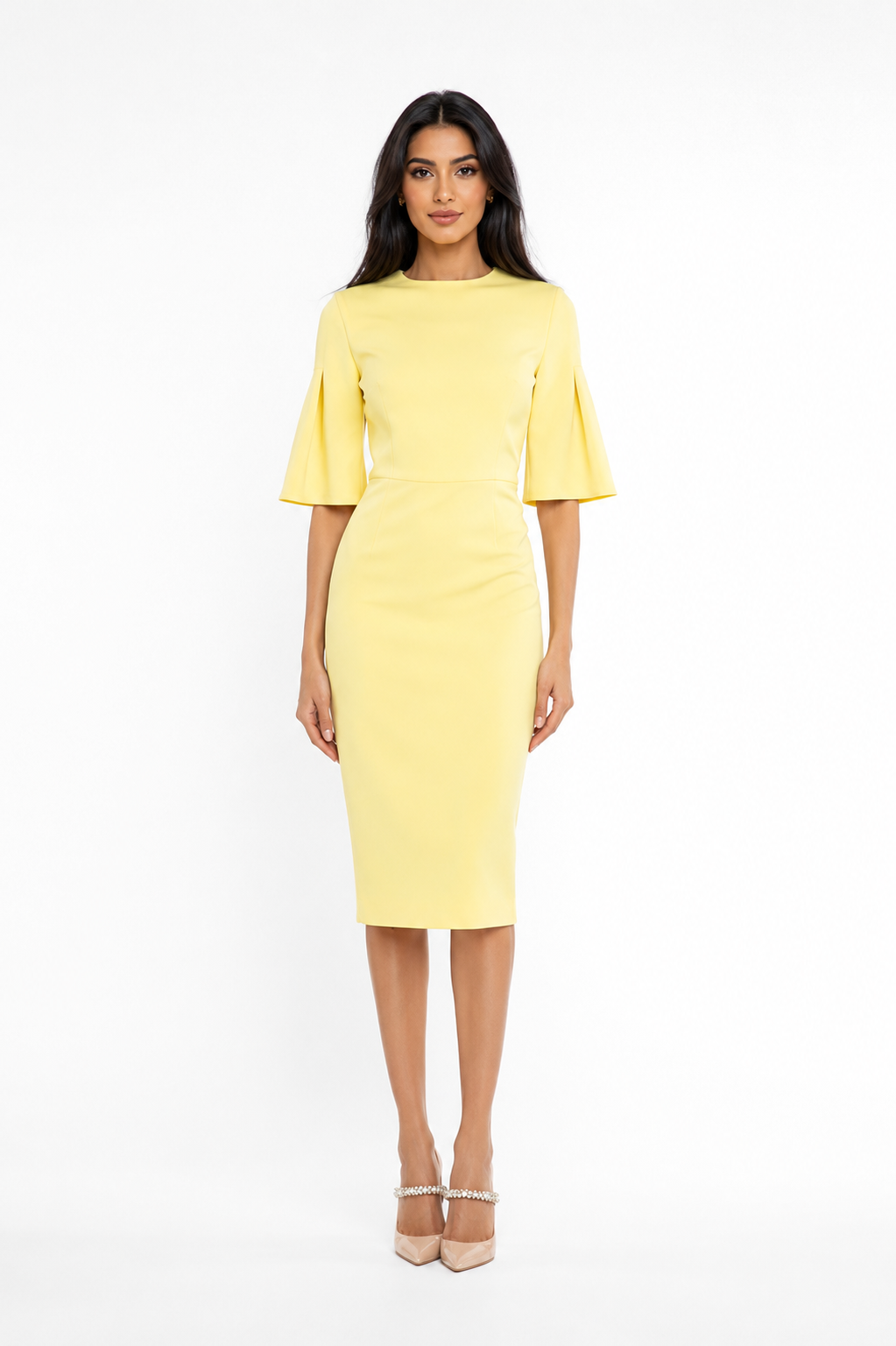 Flared-Sleeve Midi Dress – Lemon