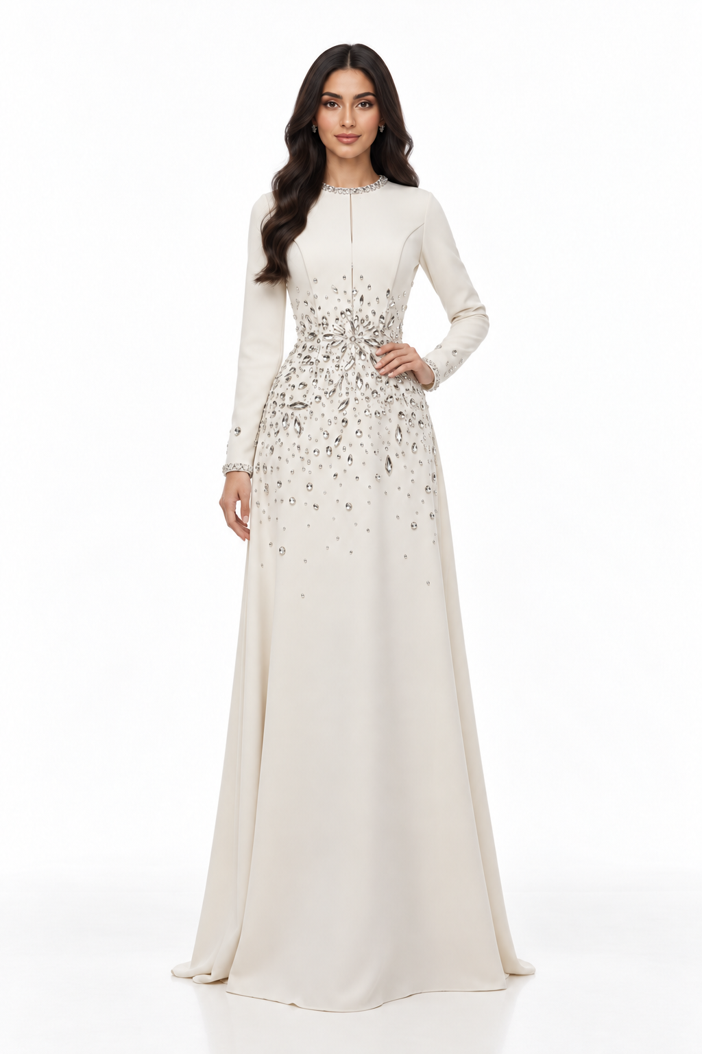 Ivory Crystal Embellished Evening Maxi Dress - Celina