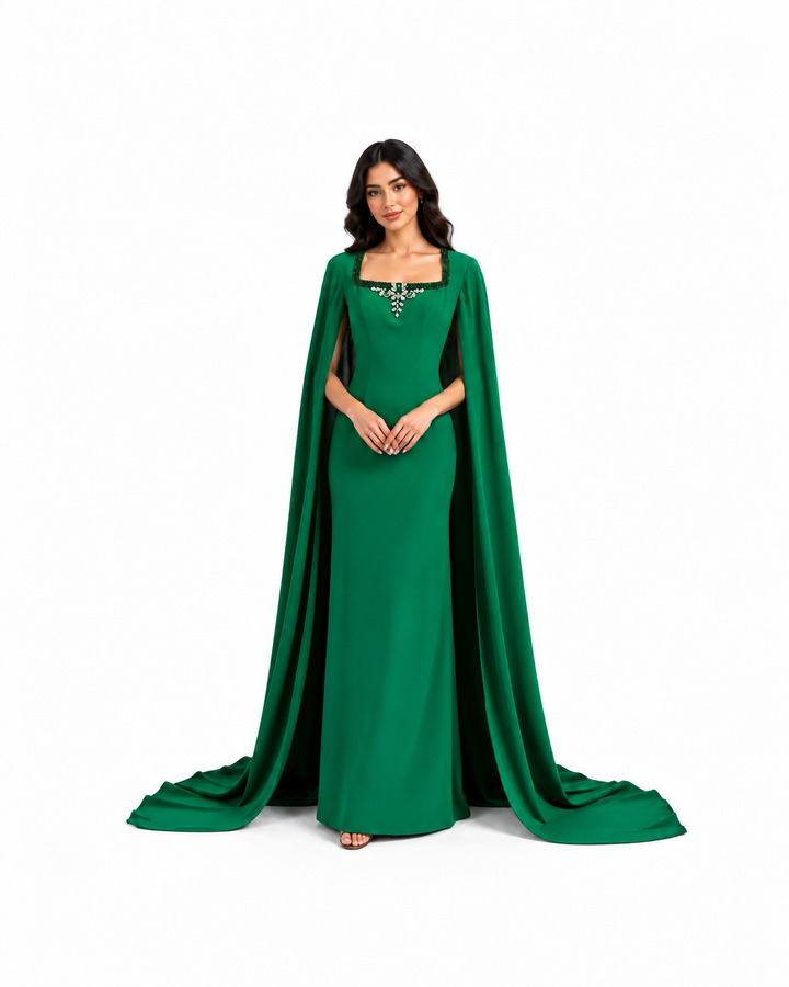 Emerald Cape Gown with Crystal Square - Neckline