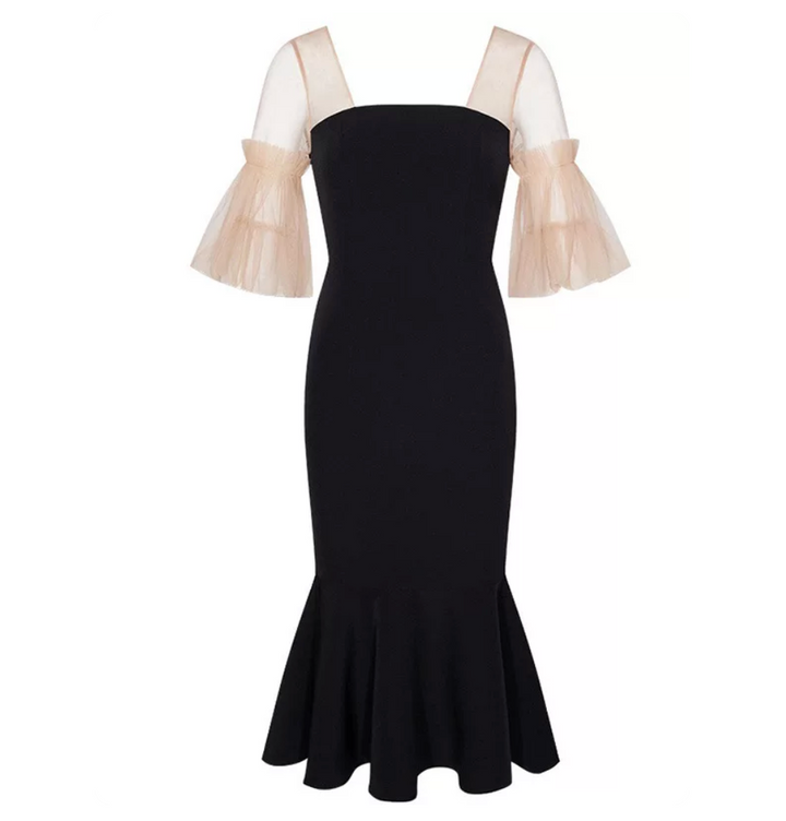 Black Tulle Sleeve Mermaid Midi Dress – Élan