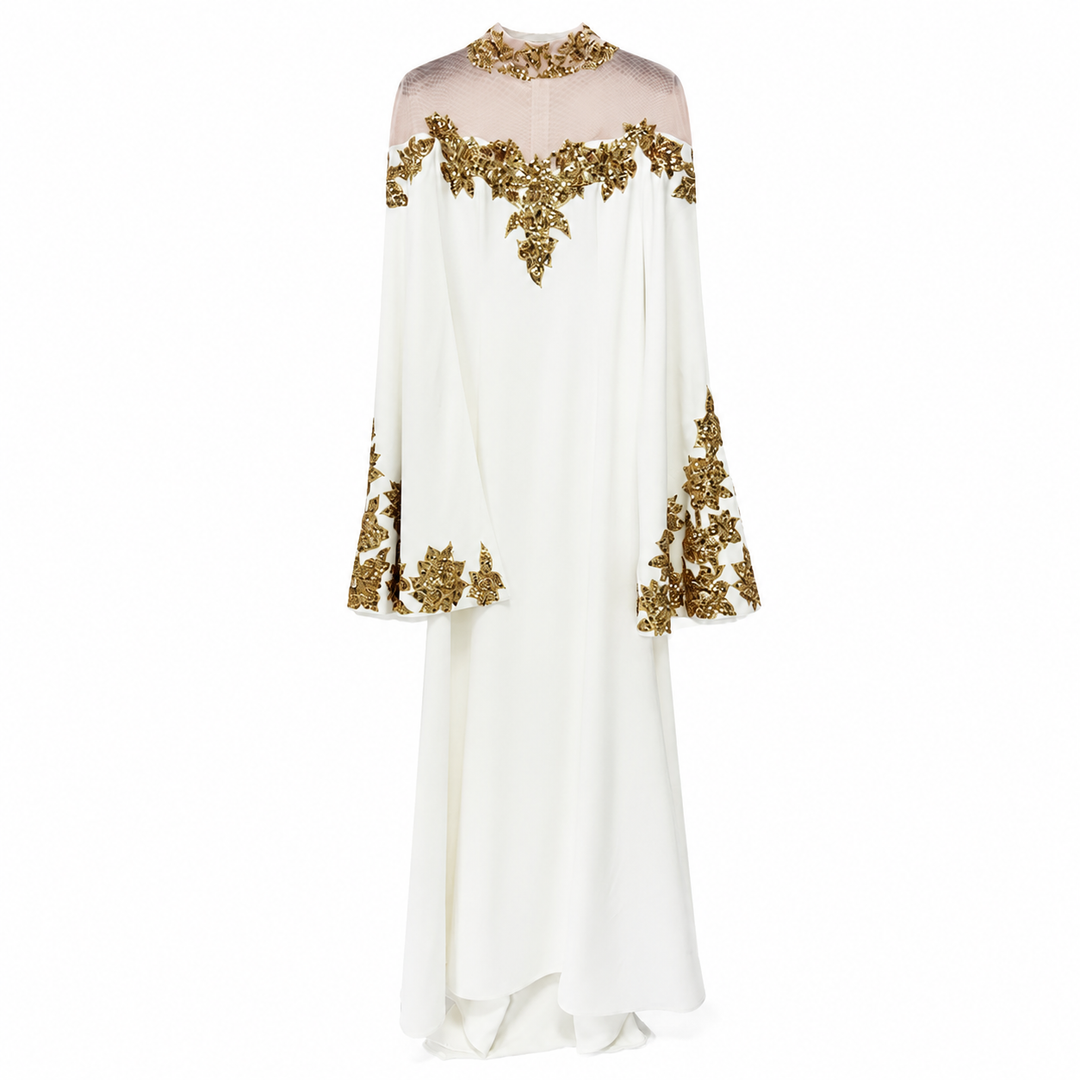 White & Gold Embellished Modest Evening Dress - Majesty