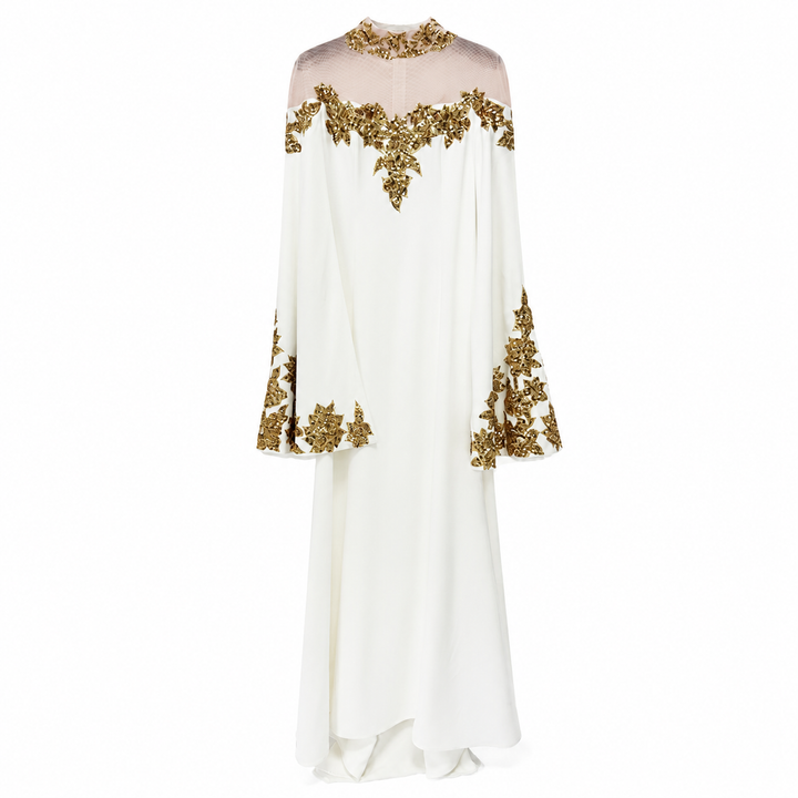 White & Gold Embellished Modest Evening Dress - Majesty