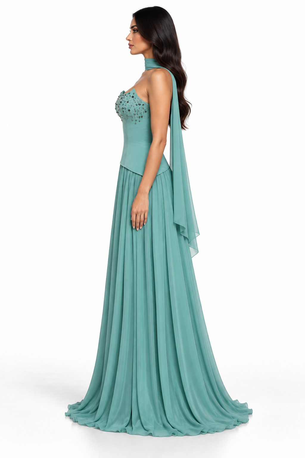 Mint Green Crystal Embellished Strapless Maxi Dress - Aria