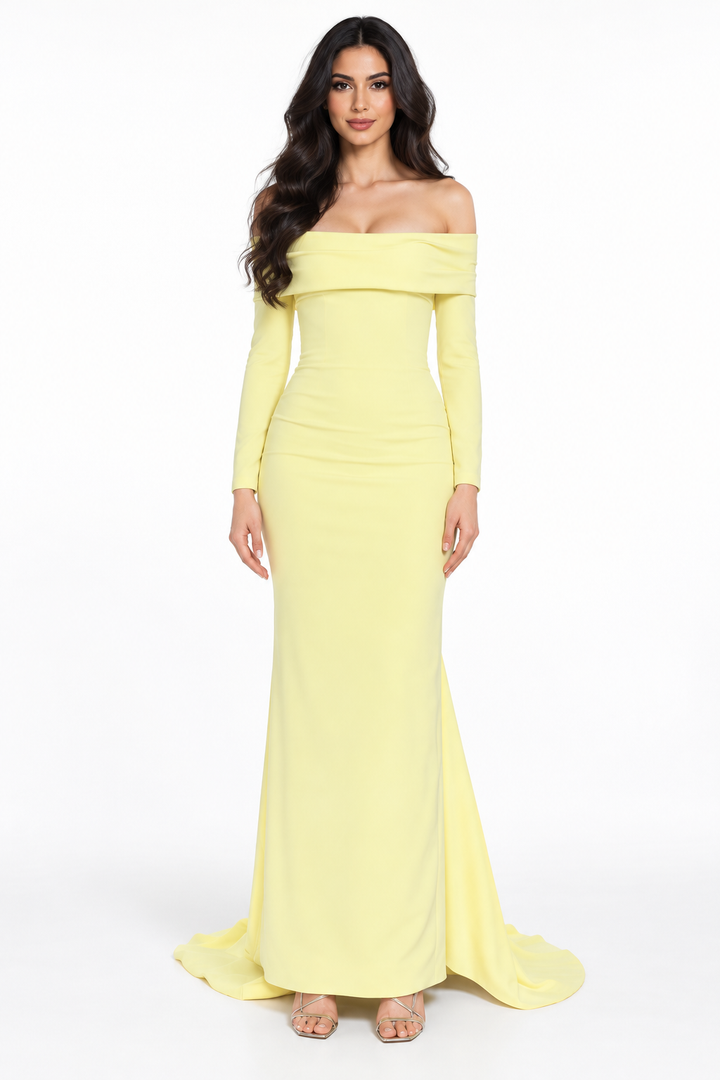 Pastel Yellow Off-Shoulder Long Sleeve Maxi Dress - Liana