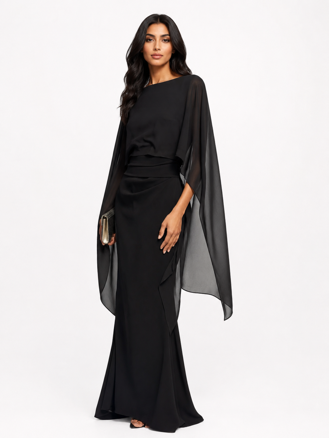 Sheer Cape Sleeve Maxi Dress - Noir