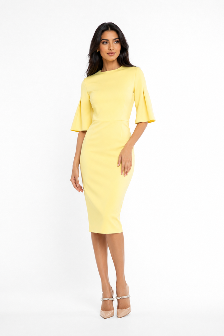 Flared-Sleeve Midi Dress – Lemon