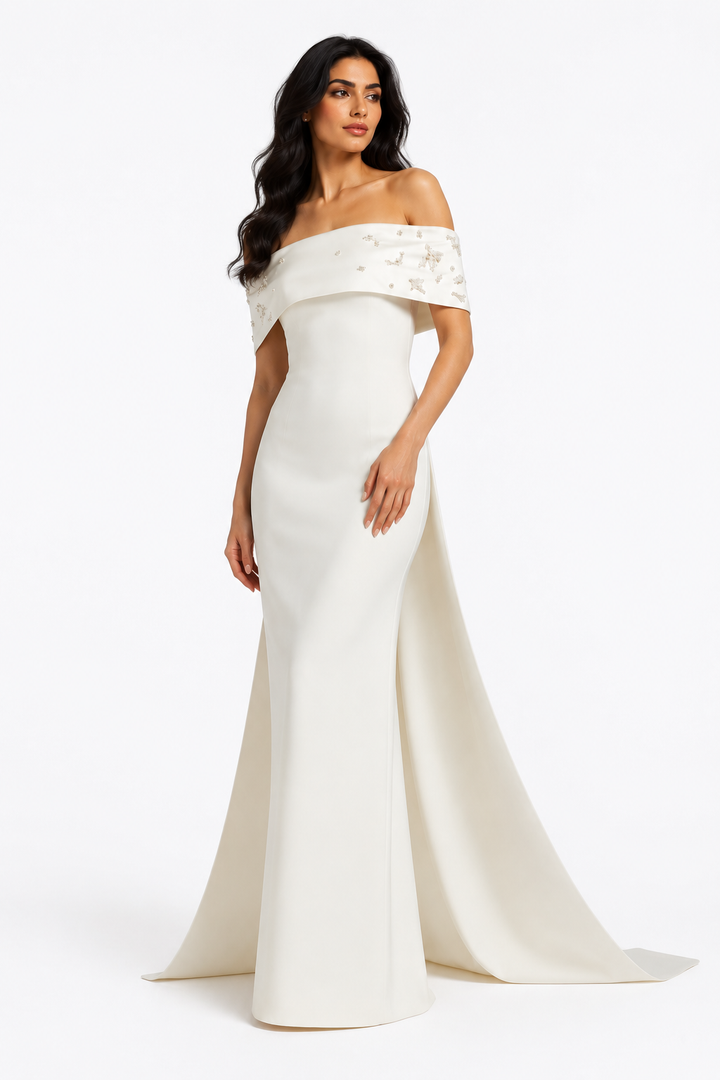 Ivory Off-Shoulder Cape Mermaid Gown – Aurora
