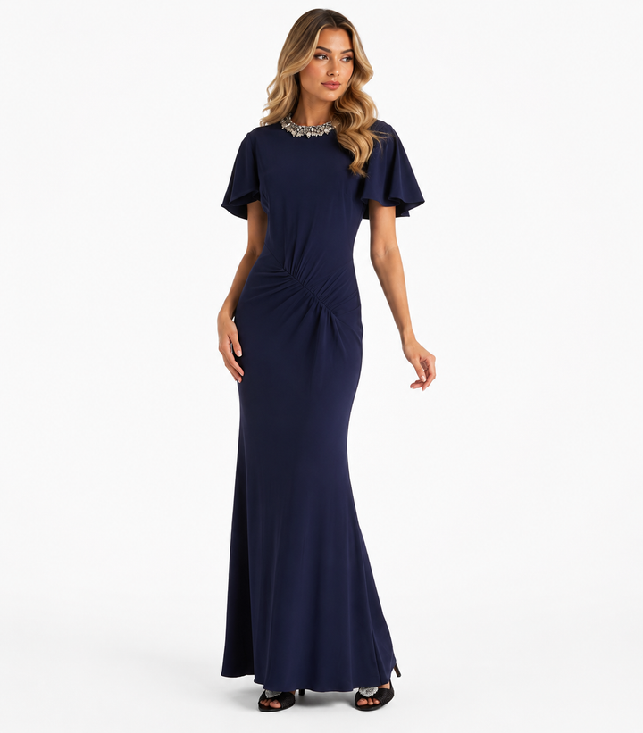 Crystal-Neck Ruched Gown - Midnight
