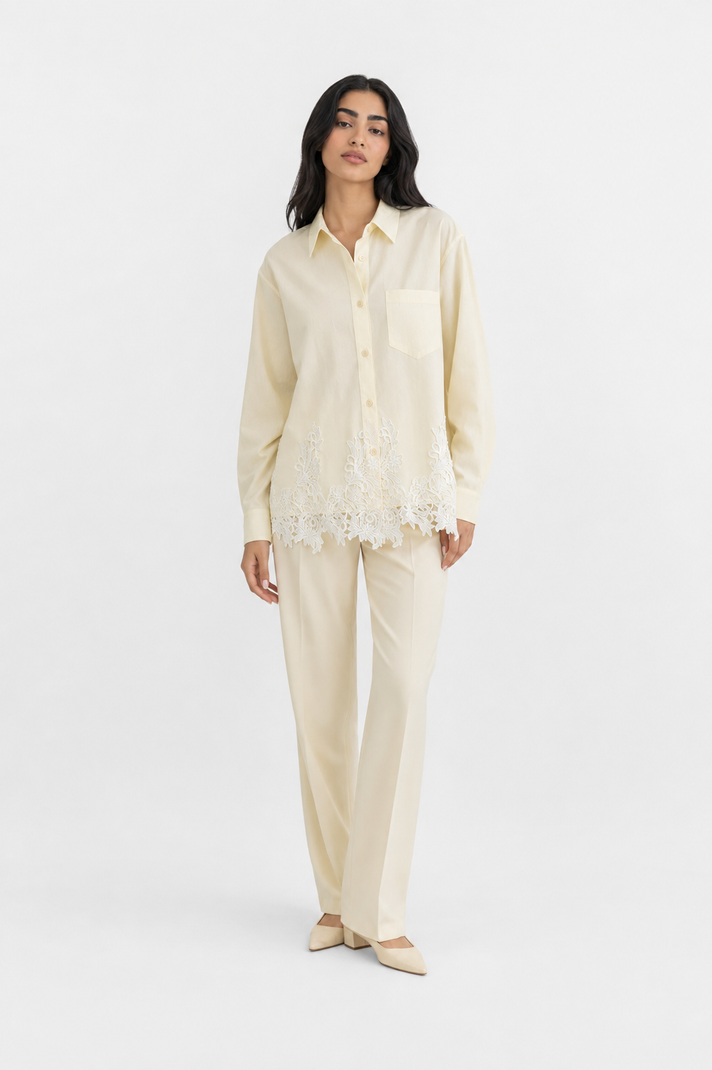 Ivory Lace-Hem Button-Up Shirt – CELESTE
