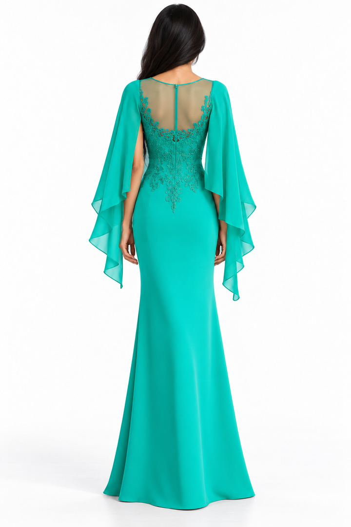 Embroidered Cape Sleeve Evening Gown - Elegance