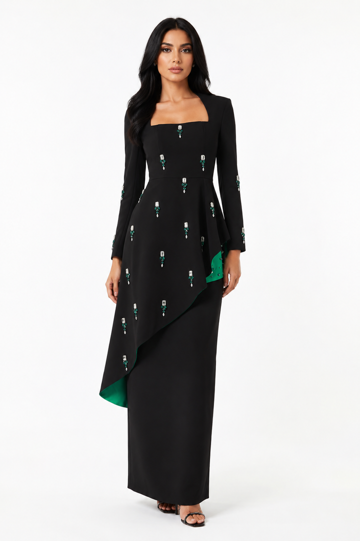 asymmetrical embroidered gown with emerald satin detail – NOIR