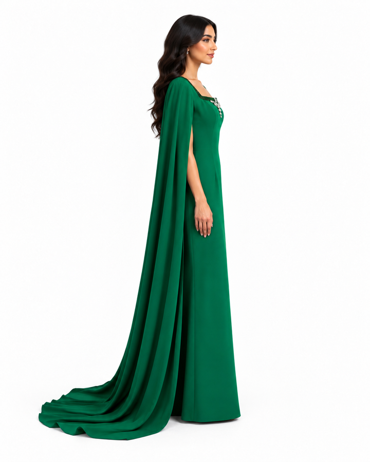Emerald Cape Gown with Crystal Square - Neckline