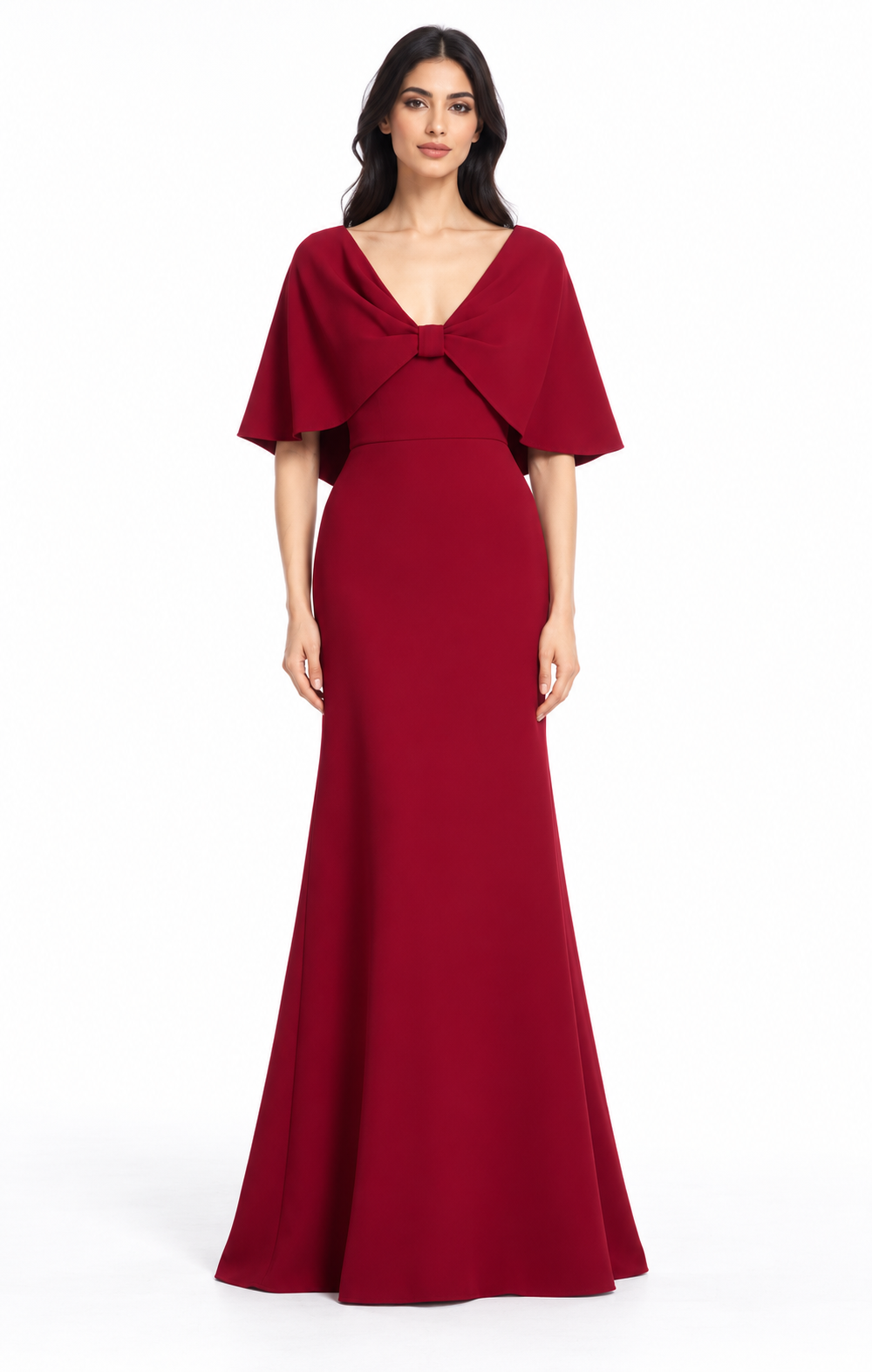 Bow Cape V-Neck Evening Gown - Rubellia
