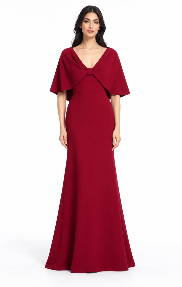Bow Cape V-Neck Evening Gown - Rubellia