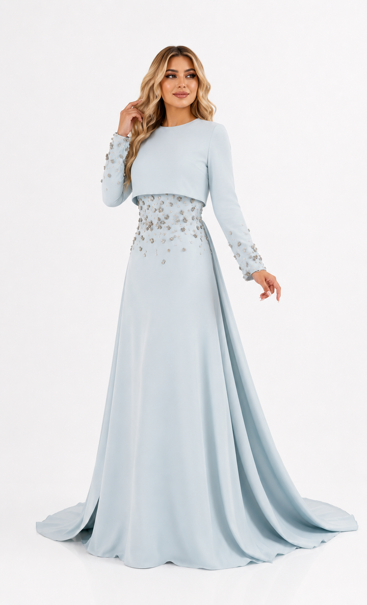 Embellished Waist Cape Gown - Ruby